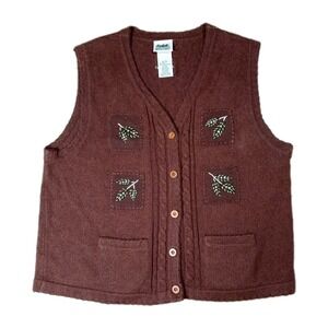 Northern Reflections Women's XL Brown Cable Knit Embroidered Leaf Vest Pockets